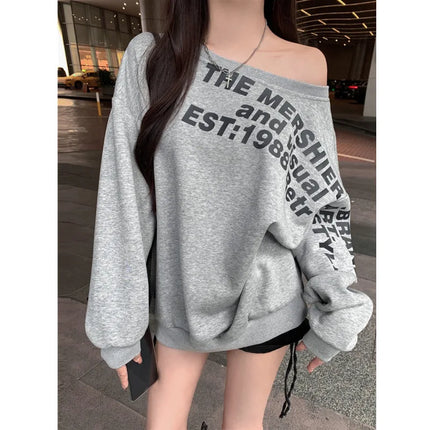 Sexy Oversized T-shirt Women Streetwear Letter Print Skew Collar Off Shoulder Long Sleeve Basic Top Korean Fashion Loose T-shirt