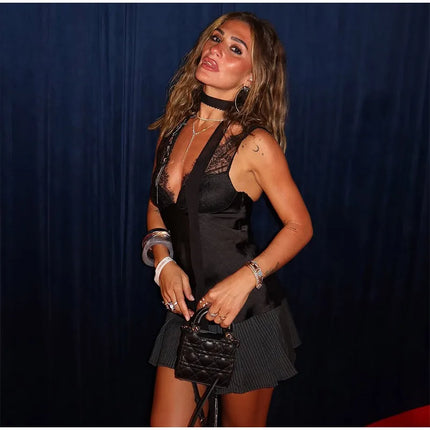 Sexy Black Lace Patchwork Satin Vest Women Elegant Sleeveless See Through V-neck Loose Vests 2025 Lady Vacation Party Chic Wear
