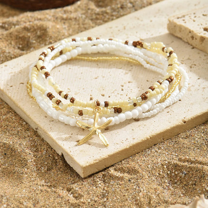Multilayer Bohemia Rice Bead Anklet Set for Women Fashion Starfish Pendant Anklets Summer Sandy Beach Ankle Chain on Leg Jewelry