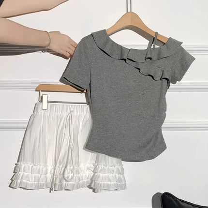 2026 New Style Ruffle Sloping Shoulder Short-sleeved T-shirt Sexy Exposed Collarbone Unique Design Top for Women