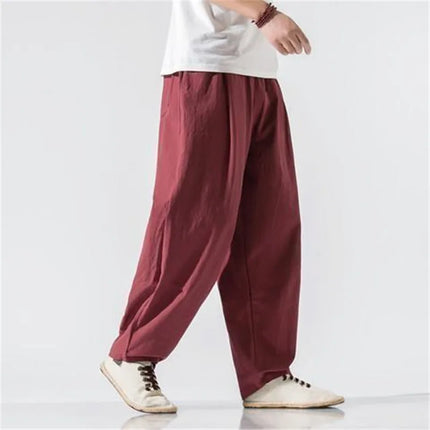 Fashion Summer Casual Pants For Mens Cotton Linen Loose Trousers Trendy Large Size Bloomers Male Home Tai Chi Wide Leg Pants 5XL
