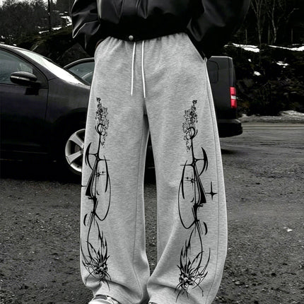 Y2K Dark Punk Abstract Gothic Cross Star Print Mens Baggy Wide Leg Sweat Pants Loose Straight Drawstring Hip Hop Street Joggers