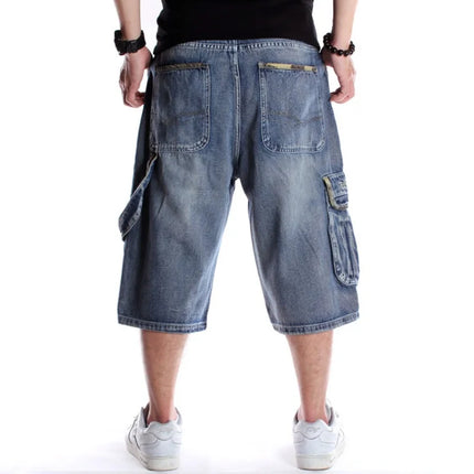 Multi pocket European and American skateboarding pants with fat and plus size hip-hop denim shorts for men, trendy cropped pants