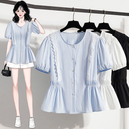 Plus Size Lace Blouse and Shirt Women Summer Blouse Women 2025 New Arrival Short Sleeve O Neck Collar Casual Women's Blouses