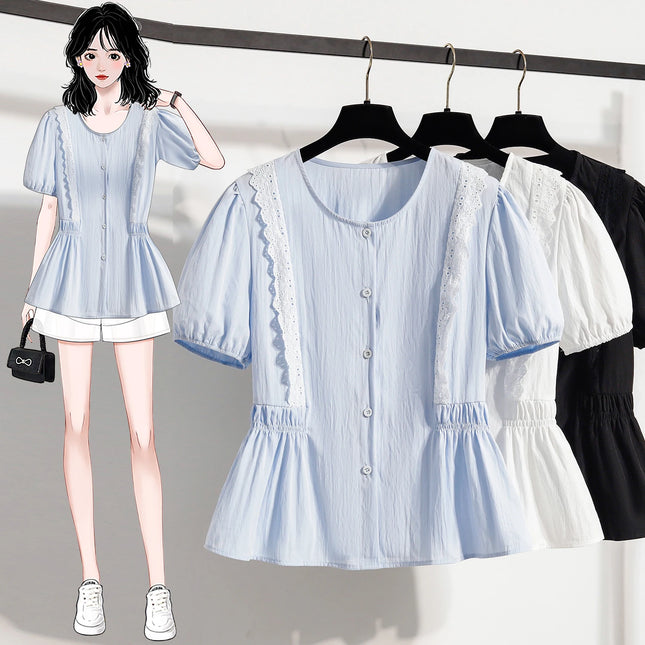 Plus Size Lace Blouse And Shirt Women Summer Blouse Women 2025 New Arrival Short Sleeve O Neck Collar Casual Women's Blouses