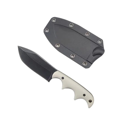 New outdoor small straight knife, stone washed blade camping edc survival knife, white/wood grain handle + k sheath tool.