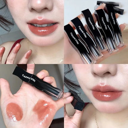 Cappuvini Red Lip Tint Black White Tube Lipstick Light Watery Lip Glaze Soft Mist Lip Gloss Moisture Lipstick 1pcs Mirror Watery