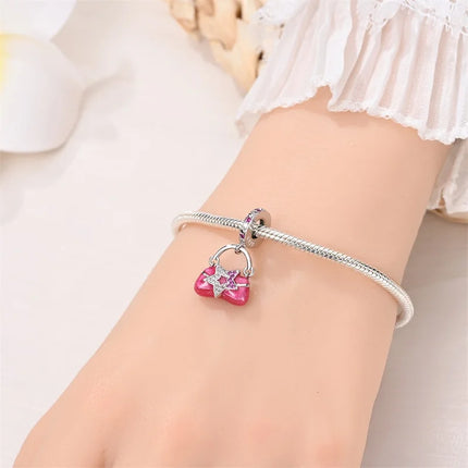 100% 925 Sterling Silver Fashion Pink Princess Skirt Bag Lipstick Charms Beads Fit Qikaola Original Bracelets DIY Jewelry Gifts