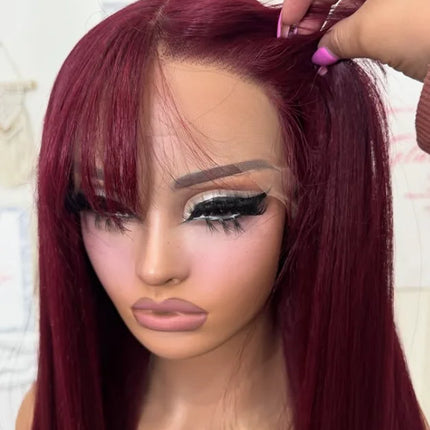 99J Burgundy Red Bone Straight Lace Front Wig With Bangs 13x4 HD Pre Plucked Glueless Synthetic pelucas On Clearance Sale