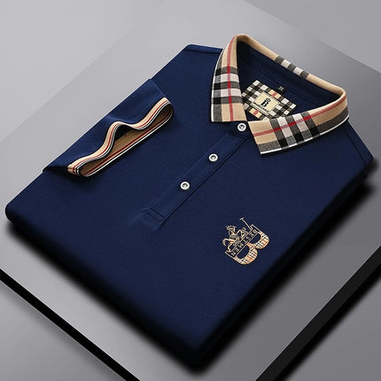 Luxury brand short sleeve men's polo shirt summer high-end fashion plaid embroidery lapel casual T-shirt breathable cotton top