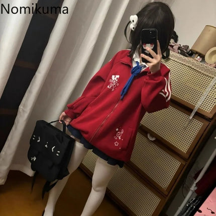 Black Cute Sweatshirts Coat 2025 Women's Clothing Stand Neck Zipper Jackets Y2k Tops Fashion Casual Anime Hoodies Ropa Mujer
