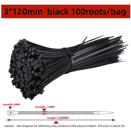 100 PCS Self-locking Plastic Nylon Tie Black Fastening Strap Cable-Tie-Set Cable Zip Tie Fastening Ring Zip Wraps Strap Tie