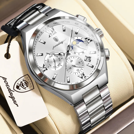 POEDAGAR Fashion Functional Men's Wristwatch Luminous Week Date Business Watch For Men Stainless Steel Sports Men's Quartz Watches