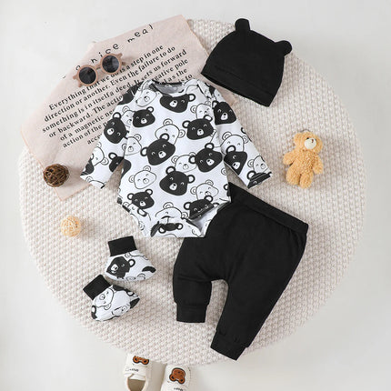 4 Colors 0-9 Months Newborn Baby Boy Autumn Clothing Set Bear Long Sleeve Bodysuit+Pants+Hat+Socks Cute Newborn Baby Gift Outfit