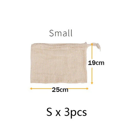 3pcs Reusable Cotton Mesh Produce Shopping Bags Washable Eco Premium Net mesh Bags for Veggie Fruit Vegetable Grocery Storage