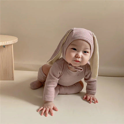 2026 Newborn Baby Rabbit Romper Clothes 3 Pcs Solid Ear Hat Bodysuit Socks Casual Bunny Costume 0-24M Boy Girl Outfits