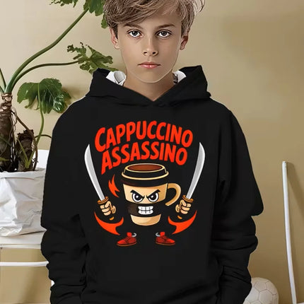 Funny Cappuccino Assassino Hoodies Boys Girls Funny Italian Brainrot Print Hoodie Long Sleeve Hooded Tops Kids Humor Sweatshirts