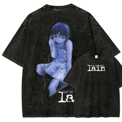 Classic Retro Anime Serial Experiments Lain Graphic Print T-shirt Loose Casual Oversize Vintage Washed Cotton Tee Streetwear Top