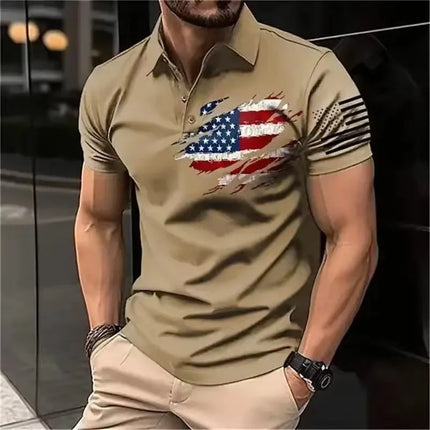 Men's Polo Shirt 3D American Flag Printed Men's Loose Street Casual Short Sleeve Top