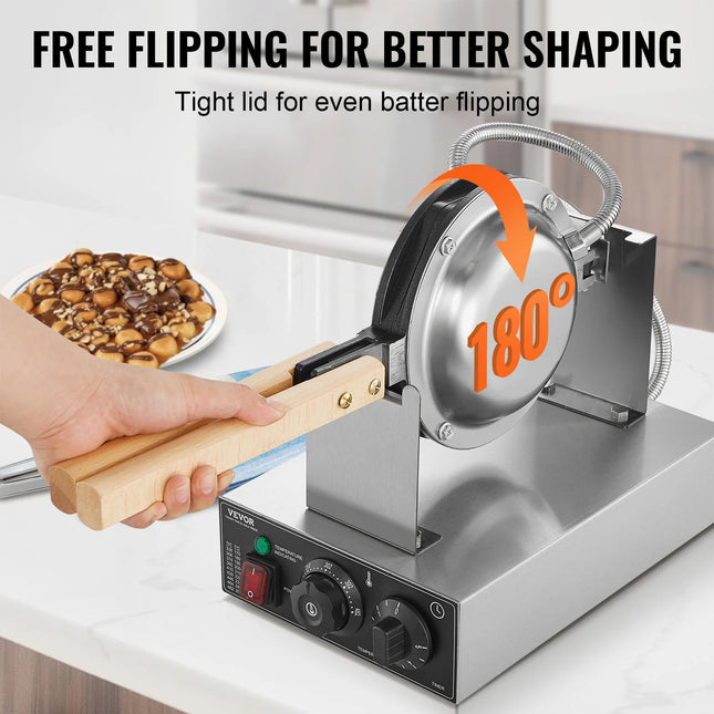 HomeWise Commercial Egg Bubble Waffle Maker 1400W Non-Stick Stainless Steel Bubble Puff with 180° Rotatable 2 Pans & Wooden Handles