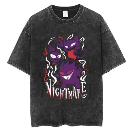 Pokemon Gastly Haunter Gengar Graveyard Print T Shirt Men 2026 Summer Vintage Acid Wash Oversized Tee Anime Streetwear Harajuku