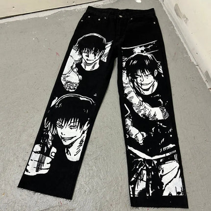Harajuku anime characters printing jean new wide leg denim pants y2k mens jeans streetwear style couples trouser black jeans
