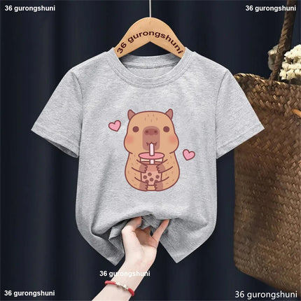 Funny T-Shirt Capybara With Turtle Loves Bubble Milk Tea Printed T-Shirt Girls/Boys Kawaii Kids Clothes Harajuku Shirt Tops