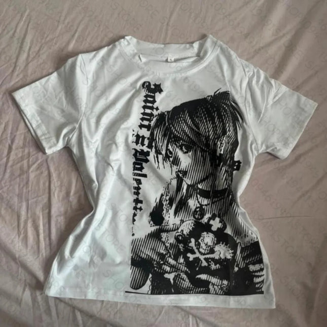Women's Y2k Anime Streetwear O-neck Text Print Tops Women Harajuku Clothes Vintage Crop Tee Aesthetic Casual T-shirt