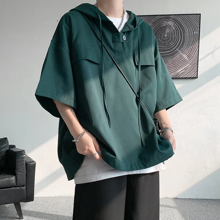 2026 Summer Men Hooded Shirt Korean Half Sleeve Pullover Streetwear Hip Hop Loose Shirt Tops Drawstring Men Clothing M-5XL