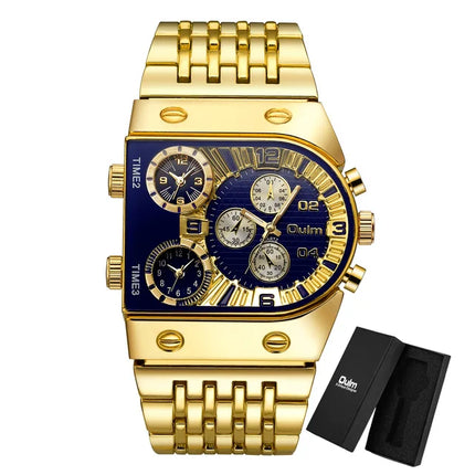 Oulm Top Large Dial Men Watch Square Gold Quartz Wrist Watch for Man Sports Multi-Time Zone Military Male Waterproof 2023