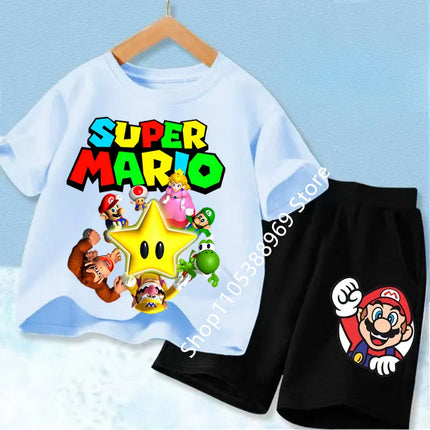 Super Marios Printed Kids Tracksuit Set Short Sleeve T Shirt & Loose Shorts 2PCS Casual Outfit For Boys And Girls Age 3-12