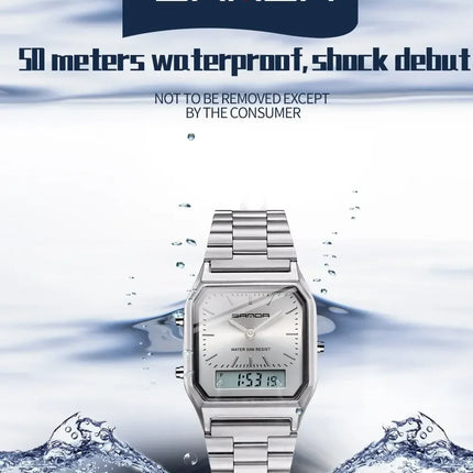 SANDA P747  Dual Display Clock Unisex Waterproof Sports Quartz Watch Luxury Mens Style Watches Stainless Steel Women LED Digital