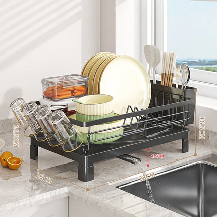 Metal Dish Drying Rack with Cup & Utensil Holders, Large Capacity Space-Saving Kitchen Sink Organizer
