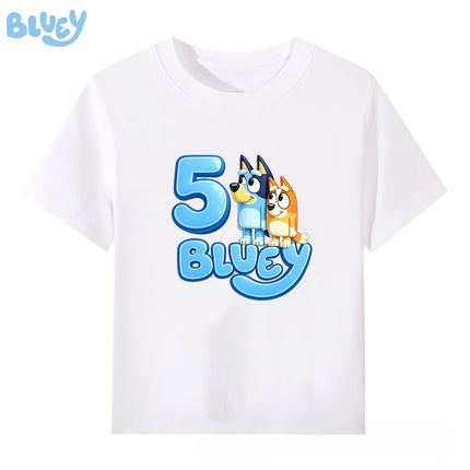 Bluey White Kids Birthday Party T Shirt Number Print 100% Cotton Short Sleeve Tee Boys Girls Age 1-9