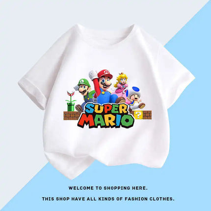 Summer new Super Mario cartoon children's cotton short-sleeve T-shirt, cartoon game trendy boys' casual short-sleeve top.