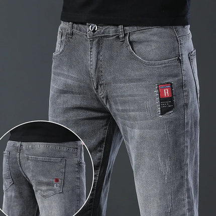 Men's Fashion Letters Denim Pants Slim Straight Gentleman Slacks Fashion European American Style Stretch Men Luxury Jeans Grey