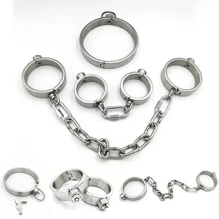 Heavy Stainless Steel Press Lock Wrist Handcuffs Ankle Cuffs Neck Collar Choker Shackles Bondage Adult Games Sex Toys for Couple
