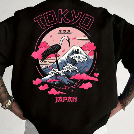 Men's Summer 100% Cotton Tokyo Casual Pattern Printed Fashionable Loose Round Neck Short Sleeve T-Shirt Top