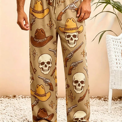 Men's skull print casual pants, loose and breathable drawstring style, for trendy and cool vacation items in multiple scenes