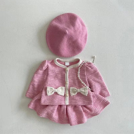 Autumn Fashion Girl Children Bow Long Sleeves Shirt Set Baby Sweet Cotton Tops + Solid Skirt 2pcs Kid Infant Casual Blouses Suit