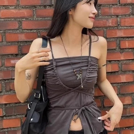 Korean Sle Unique Belted Design Slimming Versatile Split Front Strapl Top Women's Summer Faion Commute Straight Cut Vest
