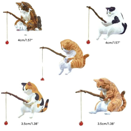 Cute Fishing Cat Fishbowl Fishing Figure Fisherman Figurine Cat Fishing Rod Seals Figures Cat Decoration Interior Accessories