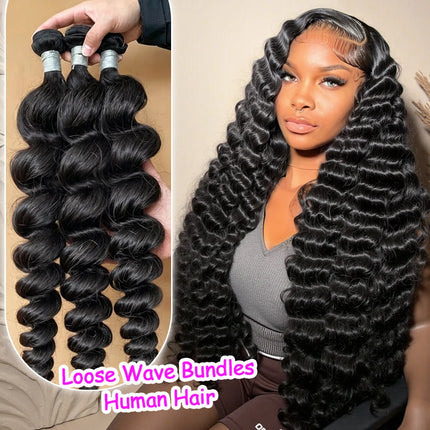 Peruvian Hair 30 40 Inches 1 3 4 Bundles Loose Wave Quick Weave Human Hair Bundles Unprocessed Curly Weave Extensions for Women