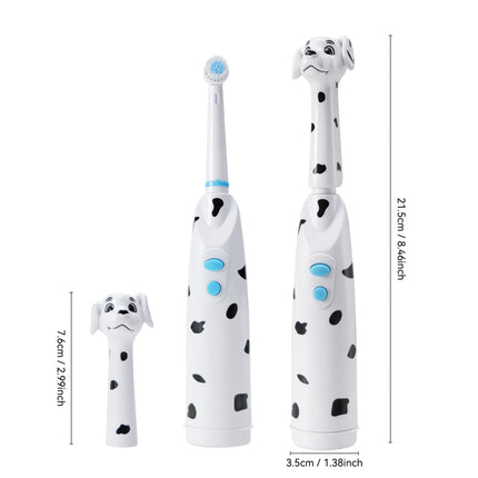 Kids electric toothbrush, battery powered, baby spotted dog design, with dust cover, cartoon cat/lion, round head.
