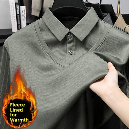 Men's Winter Thickened Fleece Lined Knitwear Polo Shirt Long Sleeve Loose Fit Solid Color Thermal Base Layer Two-Piece Look
