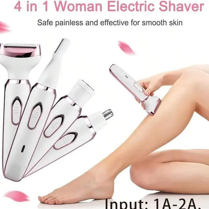 4-in-1 Rechargeable Electric Lady Shaver Set - 500mAh Portable Wet/Dry Trimmer for Face, Nose, Legs & Underarms