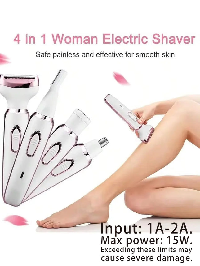 4-in-1 Rechargeable Electric Lady Shaver Set - 500mAh Portable Wet/Dry Trimmer for Face, Nose, Legs & Underarms