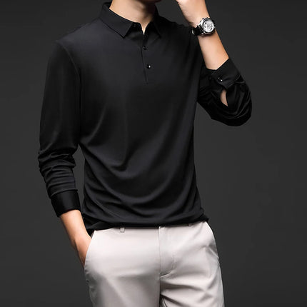 Minglu Mulberry Silk Men's Polo Shirts Luxury Long Sleeve Solid Color Golf Male T-shirts Spring Autumn Business Casual Man Tees