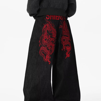 American retro embroidered pattern hip-hop jeans suitable for both men and women Y2K street cool floor length wide leg pants