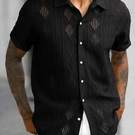 Men's regular slim fit solid color short sleeved shirt with button down casual hollow top, suitable for summer fashion daily wea